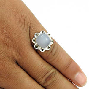 Bague en argent sterling 925 à la mode, avec pierre précieuse en calcédoine naturelle taille coussin, design unique, bijoux bohèmes pour femmes - Product Image 2