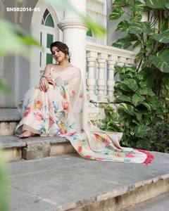 Magnifique ensemble sari et chemisier en lin et soie avec imprimé numérique à grandes fleurs colorées – Achats en ligne – Mode féminine Inde - Product Image 2