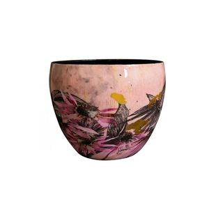 Linea Exports Inc Ceramic Round <b>Vase</b> With Pink Floral Design Glossy Finish Handmade Bohemian Style Tabletop Decor - Product Image 1