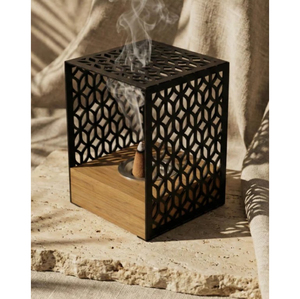 Luxury Modern Wooden Base Metal Mabkhara Geometric Arabic Pattern <b>Bakhoor</b> & <b>Oud</b> Incense Burner for Ramadan and Eid Home Decor - Product Image 2