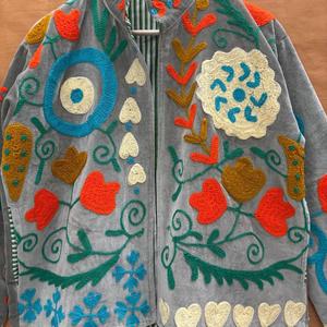 Vintage Embroidered Velvet <b>Jacket</b> <b>Women</b> Boho Floral <b>Zip</b> <b>Up</b> Coat Ethnic Folk Art Outerwear Mandarin Collar Full Sleeve - Product Image 2