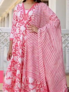 Women's Floral Digital Print Quick Dry Pink Cotton <b>Kurta</b> Set Trousers Regular Fit Knee-Length Traditional <b>Indian</b> Pakistani Wear - Product Image 5