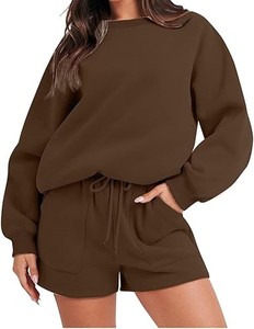 Women's Brown Two-Piece <b>Knitted</b> Cotton Shorts <b>Set</b> Casual O-Neck Full Sleeve Loose Fit Solid Color Spring Summer Wear Pockets - Product Image 1