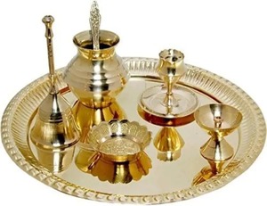 Home <b>Decor</b> Brass Pooja Thali Set Vintage Design Puja <b>Plate</b> with Diya Bell Kalash Gift Item - Product Image 4