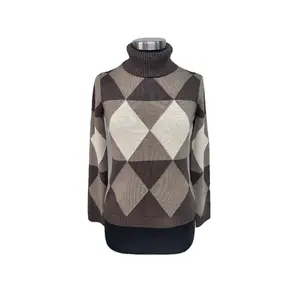 Custom New Style Any Fabric Geometric Spliced Computer Knitted Turtleneck Casual Female Sweater