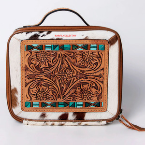 Bolso de mano para mujer con exterior de piel con pelo, borde turquesa y cremallera de cuero repujado floral - Product Image 3