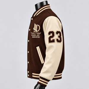 Chaqueta Varsity de Invierno Ecológica para Hombre, Color Marrón y Blanco, con Logotipo Personalizado Bordado OARH INT INDUSTRY, Estilo Preppy, Cuello Camisero - Product Image 3