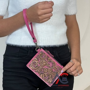 Handmade Genuine Tooled Pink Leather Cute Floral Design Wristlet Wallet Stylish Coin & <b>Credit</b> <b>Card</b> <b>Holder</b> Everyday Multi Use - Product Image 1
