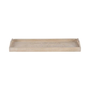 Bandeja decorativa rectangular de madera con patrón tallado abstracto, diseño rústico con asa para decoración del hogar. - Product Image 2