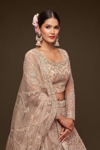 Royal Beige Embroidered Crystal Floral Modern A-Line Chiffon Soft Net Lehenga Choli Set with Dupatta <b>Bride</b> Wedding Outfit - Product Image 2