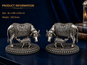 Paire d'idoles de veau et de veilleuse en laiton plaqué argent oxydé 999, 8x5x6,5 cm, 100% laiton, Gau Mata Murti Puja, fait main, design moderne, décoration de temple - Product Image 3