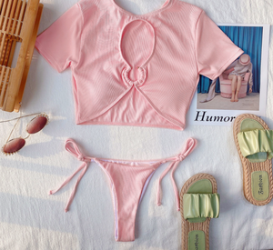 Maillot de bain côtelé deux pièces pour femme, haut à manches courtes et bas taille haute, ensemble de plage tendance # 2037 - Product Image 2