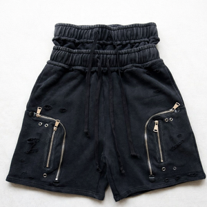 Shorts de sport en molleton déchiré pour hommes avec poches zippées, taille à cordon de serrage, style cargo, streetwear, vente en gros - Product Image 3