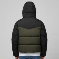 Blouson matelassé à capuche pour homme, coupe-vent, décontracté, hiver, color block olive et noir, fermeture éclair, avec patch logo flamme