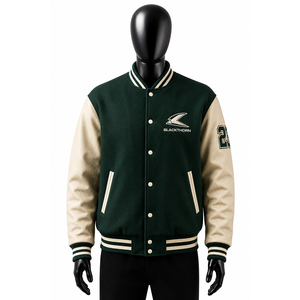 Chaqueta Varsity para Hombre, Cuerpo de Lana, Mangas de Cuero, Logotipo Bordado, Estilo Invernal, Cuello Acanalado - Product Image 6