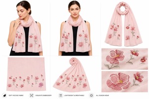 Women's Pink Floral <b>Embroidered</b> Cotton Scarf Lightweight Soft Breathable <b>Shawl</b> for Spring Casual Daily Wear - Product Image 2