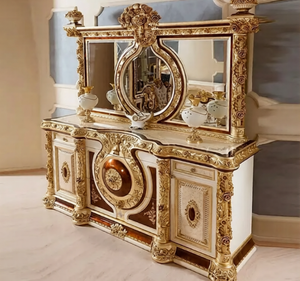 Juego de Comedor de Lujo en Madera de Teca Sólida Dorada, Estilo Europeo Clásico Tallado, para Comedor de Hotel, Hecho en Indonesia - Product Image 4