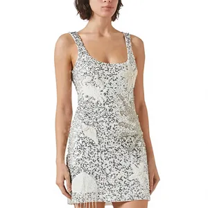 Robe mini moulante argentée pour femme - Sans manches, col halter, en spandex/polyester écologique, coupe ajustée, idéale pour les mariages et les soirées d'été - Product Image 1
