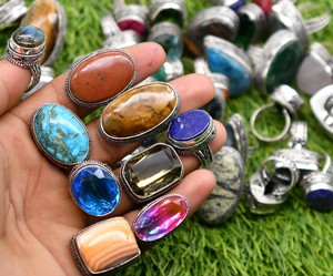 Vintage Style Natural Gemstone Brass <b>Rings</b> <b>Silver</b> Plated Punk Heart Jewelry <b>Set</b> - Product Image 5