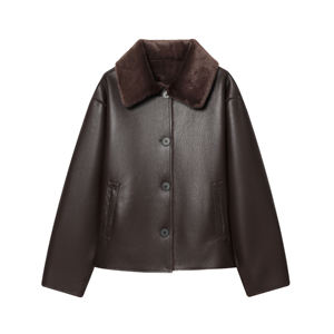 Chaqueta de Cuero PU Marrón con Cuello de Piel Sintética, Cuello Vuelto, Forro de Piel Sintética, Cierre de Botones, Chaquetas de Cuero Casuales de Invierno - Product Image 1