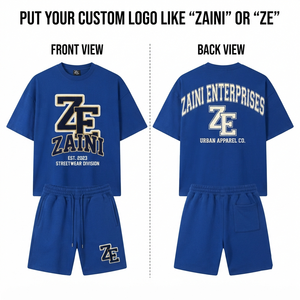 เสื้อยืดแขนสั้นชุดเซ็ตฤดูร้อนสำหรับผู้ชาย ZAINI Premium 280 GSM ผ้าเทอร์รี่โพลีเอสเตอร์ 100% สีน้ำเงิน พร้อมปักโลโก้ด้วยเทคนิคเชนีลล์แบบกำหนดเอง - Product Image 1