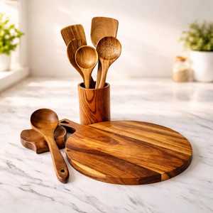 Ensemble d'ustensiles de cuisine en bois d'acacia 7 pièces avec support et planche à charcuterie - Product Image 1