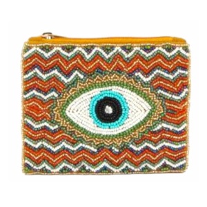 Porte-monnaie de luxe perlé motif zig-zag et œil protecteur, avec fermeture éclair, broderie main, mini pochette polyvalente pour clés, espèces, cartes et maquillage - Product Image 1