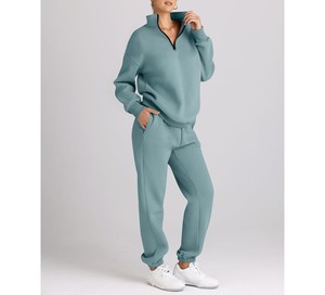 Conjunto Deportivo de 2 Piezas para Mujer, Felpa, Color Sólido, Cuello Alto con Cremallera, Manga Larga, Corte Holgado, Informal, para Todas las Temporadas - Product Image 1