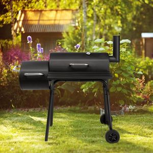 Outdoor All-Metal BBQ Grill with Offset Smoker and Side Table Wheels Barrel Style for Garden Patio or Backyard Kitchen - Product Image 3