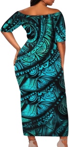 Conjunto de Vestido y Camisa Hawaiana con Estampado Polinesio de Atardecer y Plumeria, Estilo Tribal de las Islas del Pacífico - Product Image 2