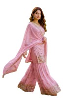 Salwar Kameez traditionnel pour femme, rose brodé en faux georgette, séchage rapide, style indien pakistanais, Sharara pour fêtes et mariages d'hiver