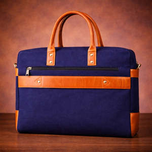 Sacoche Classique pour Ordinateur Portable en Toile Bicolore Bleu et Marron, Sac de Bureau Professionnel Durable avec Poignées en Cuir et Bandoulière - Product Image 2