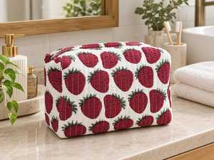 Pochette de voyage portable en coton écologique imperméable à motif pompon, taille moyenne, avec fermeture éclair, étui à maquillage au design mignon de fruits - Product Image 3