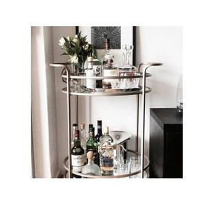 Luxury Round Stainless Steel Wine <b>Serving</b> Cart 2 Layer Metal Liquor Server And Beverage <b>Trolley</b> with Clear Tempered Glass - Product Image 2