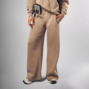 Nuevo Artículo: Pantalones Deportivos de Felpa para Mujer, Color Beige, Pierna Ancha, Cintura Elástica, Corte Holgado, Largos, Color Sólido, Tejidos - Product Image 3