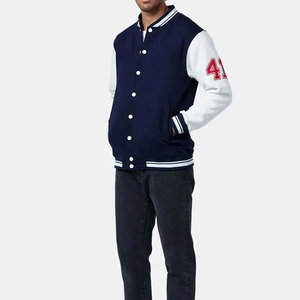 <b>Men</b> Varsity <b>Jacket</b> Navy <b>White</b> Sleeve Number 41 Print Preppy Style Regular Fit Button Front Cotton Polyester Blend Autumn Wear - Product Image 1