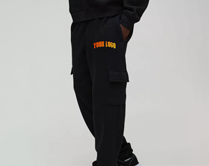 Pantalon de survêtement cargo noir en laine et coton pour homme, avec poches, taille élastique, logo thermocollé, jambe droite, style vintage décontracté, automne - Product Image 1