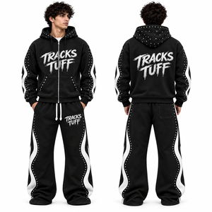 Ensemble de survêtement unisexe personnalisé imprimé, respirant, séchage rapide, automne, épais, design 2-en-1, avec sweat à capuche zippé oversize et pantalon large - Product Image 1