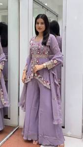 Conjunto de Salwar Kameez Morado Bordado Elástico con Volantes, Palazzo y Dupatta, para Bodas y Fiestas, Ropa Tradicional India de Secado Rápido, Talla XL para Mujer - Product Image 2