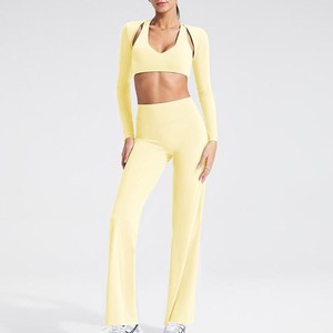 Pink 2 Piece Yoga Set V Neck <b>Crop</b> <b>Top</b> Full Length High Waist Leggings Seamless Breathable Spandex Polyester - Product Image 4