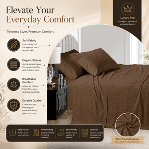 Premium Mocha Brown 100% Cotton Bedsheet Elegant Striped <b>Bedding</b> <b>Set</b> Soft Breathable Hotel Collection for Everyday Luxury Living - Product Image 5