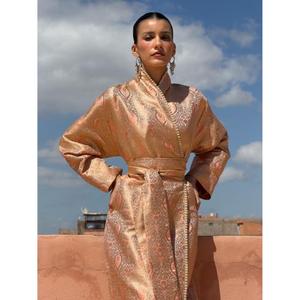 Traditional Winter Kimono-<b>kaftan</b> Peach Silk Brocade Subtle Textured Motif High Neckline Floor-Length Wrinkle-Free - Product Image 3