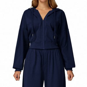 Ensemble de sweat-shirt à capuche bleu marine à fermeture éclair, manches longues, coupe ample, vêtements de sport décontractés, tenue en tricot deux pièces, couleur unie, toutes saisons - Product Image 1