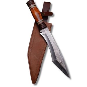 Couteau de chasse en acier de Damas avec manche en bois, lame à pointe tombante, bord droit, étui en cuir - Product Image 6