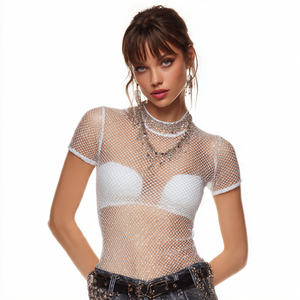T-shirt en maille transparente 100 % polyester avec strass pour femme – T-shirts décontractés en maille à strass pour femme - Product Image 1