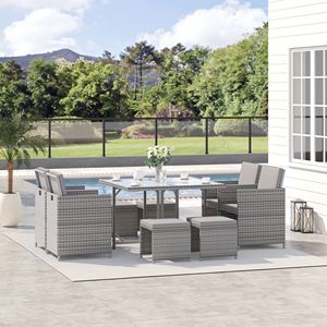 Set da pranzo da esterno in vimini a 8 pezzi con tavolo quadrato in vetro e cuscini, sedie e pouf salvaspazio in rattan - Product Image 2
