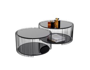 Ensemble de 2 tables basses en fer au design antique, finition noire, plateau en verre, pour chambre à coucher, salon, hôpital - Meubles en métal durables - Product Image 4