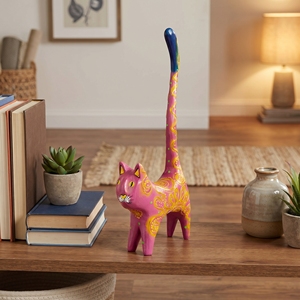 Statue d'animal en bois d'albizia faite à la main, queue de chat, rose, or, violet, artisanat de Bali, décoration d'intérieur, sculpture en bois, cadeau, ornement - Product Image 3