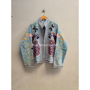 Veste en coton pour femme à col mandarin et manches longues, broderie florale, faite à la main avec des motifs colorés, idéale pour le printemps - Product Image 3