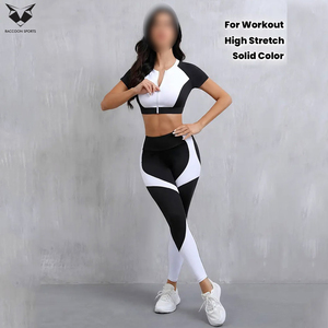 Conjunto de camiseta y leggings de algodón transpirable, tejido de punto de alta elasticidad, conjunto deportivo de color sólido para todas las estaciones. - Product Image 6